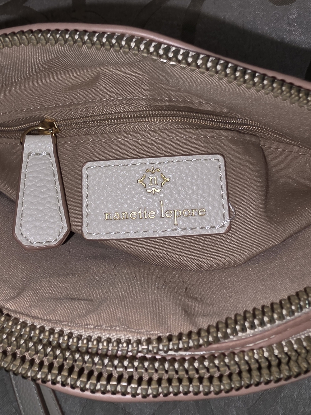 Nanette Lepore Blush Pink And Tan Patterned Dome Crossbody with Gold Accents - Picture 9 of 11